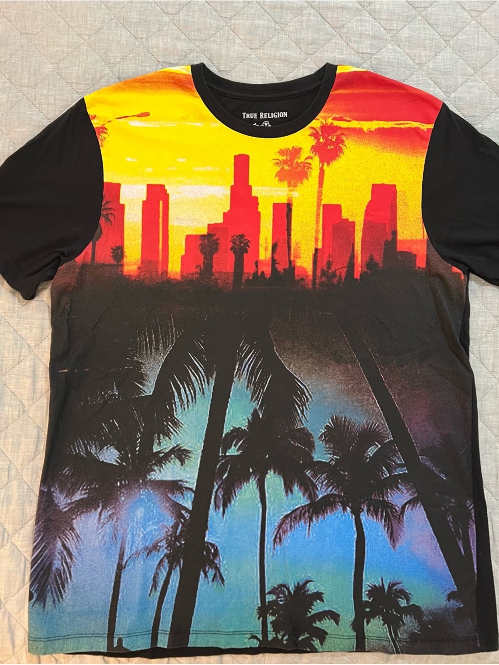 True Religion Black Short-Sleeve Tee with Sunset Skyline and Palm Graphic
